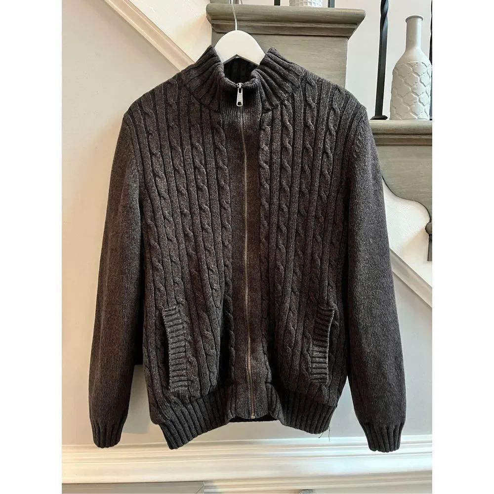 Vintage Boston Traders Brown/Black Fleece Lined Zip Up Cardigan Sweater sz L EUC